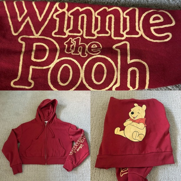 Disney Tops - Disney Winnie The Pooh Burgundy Cropped Full Zip Hoodie Size XS